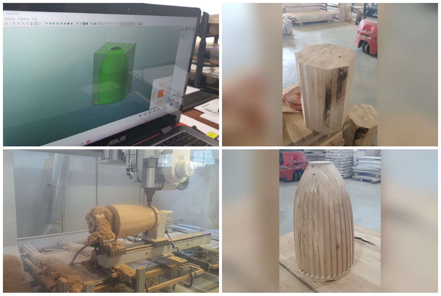 CAD/CAM preparation and CNC wood turning of solid oak fluted components for custom hospitality furniture production through a European production network