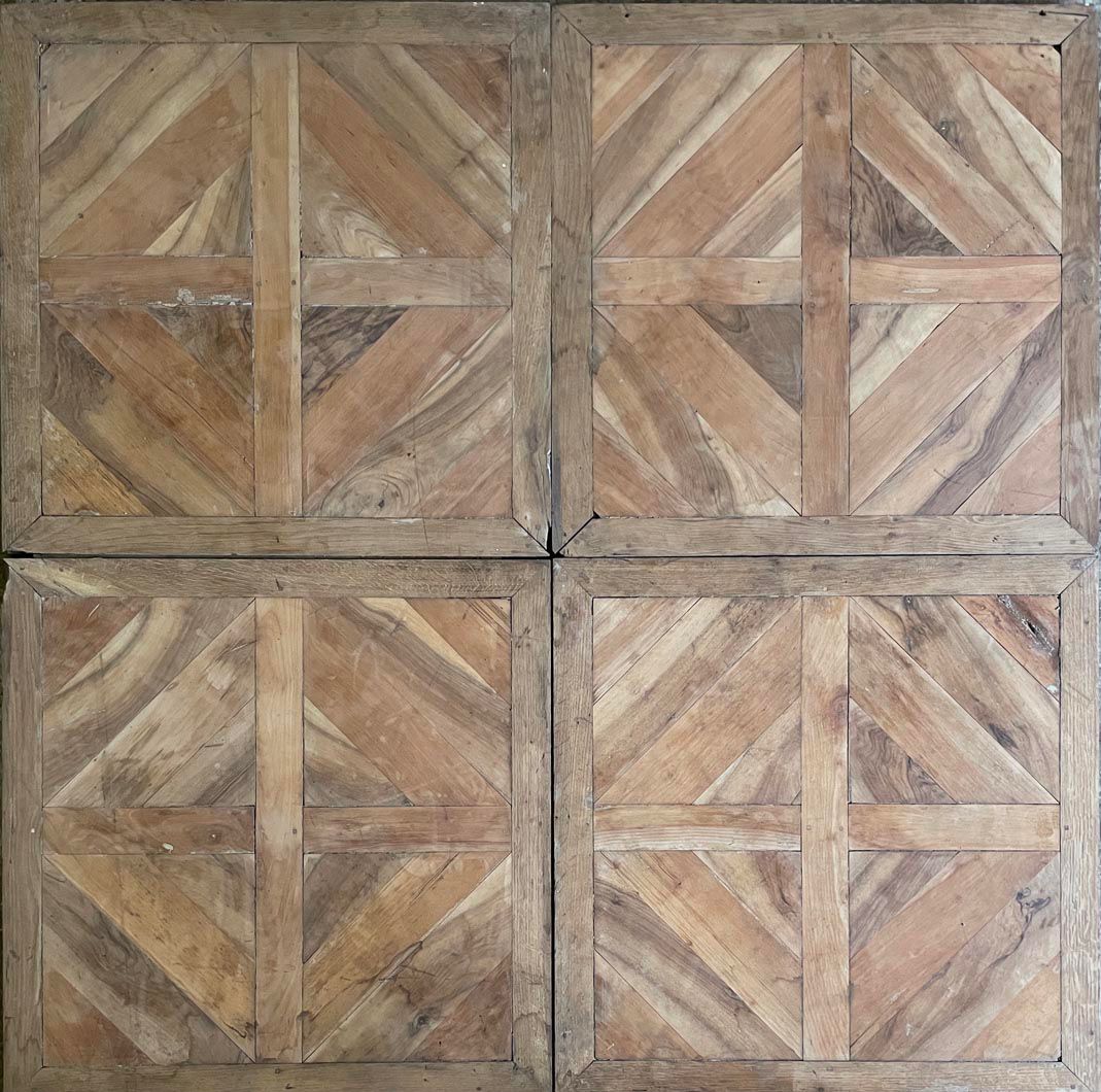 Versailles oak parquet panel assembly in production jig, European parquet workshop